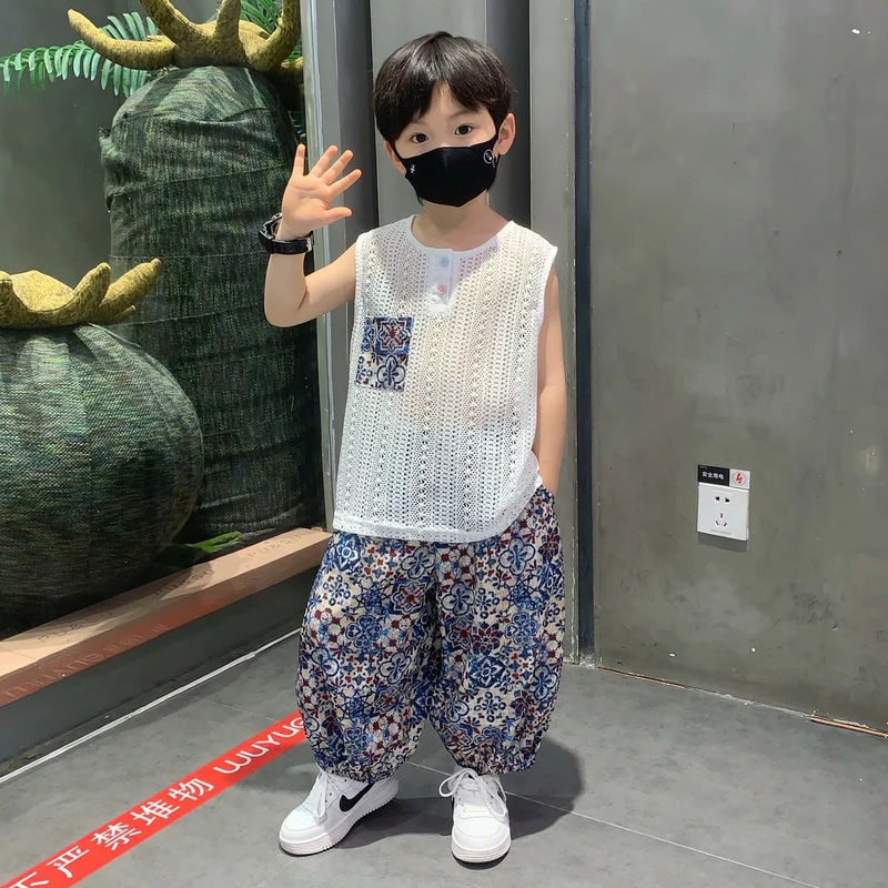 男童夏季套装长裤2025新款儿童个性小男孩夏日透气背心宝宝防蚊裤