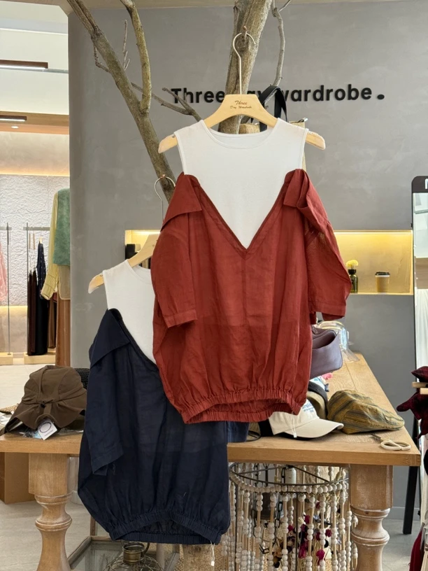 卡麦酱-MH 拼接假两件露肩上衣 9278