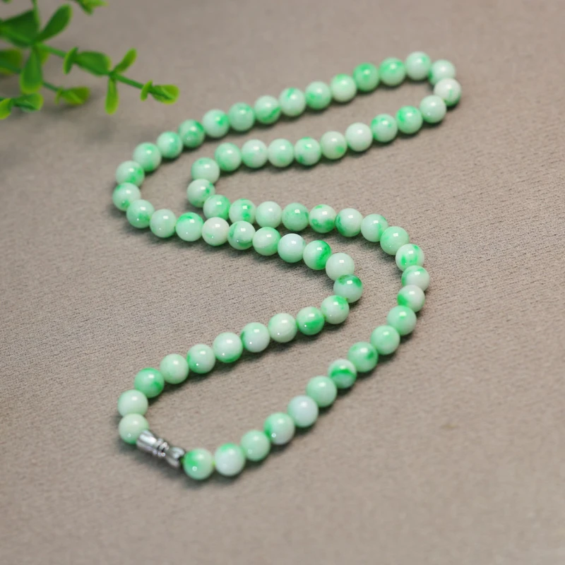 #J709白底青飘阳绿缅甸天然A货翡翠素面圆珠子锁骨项链