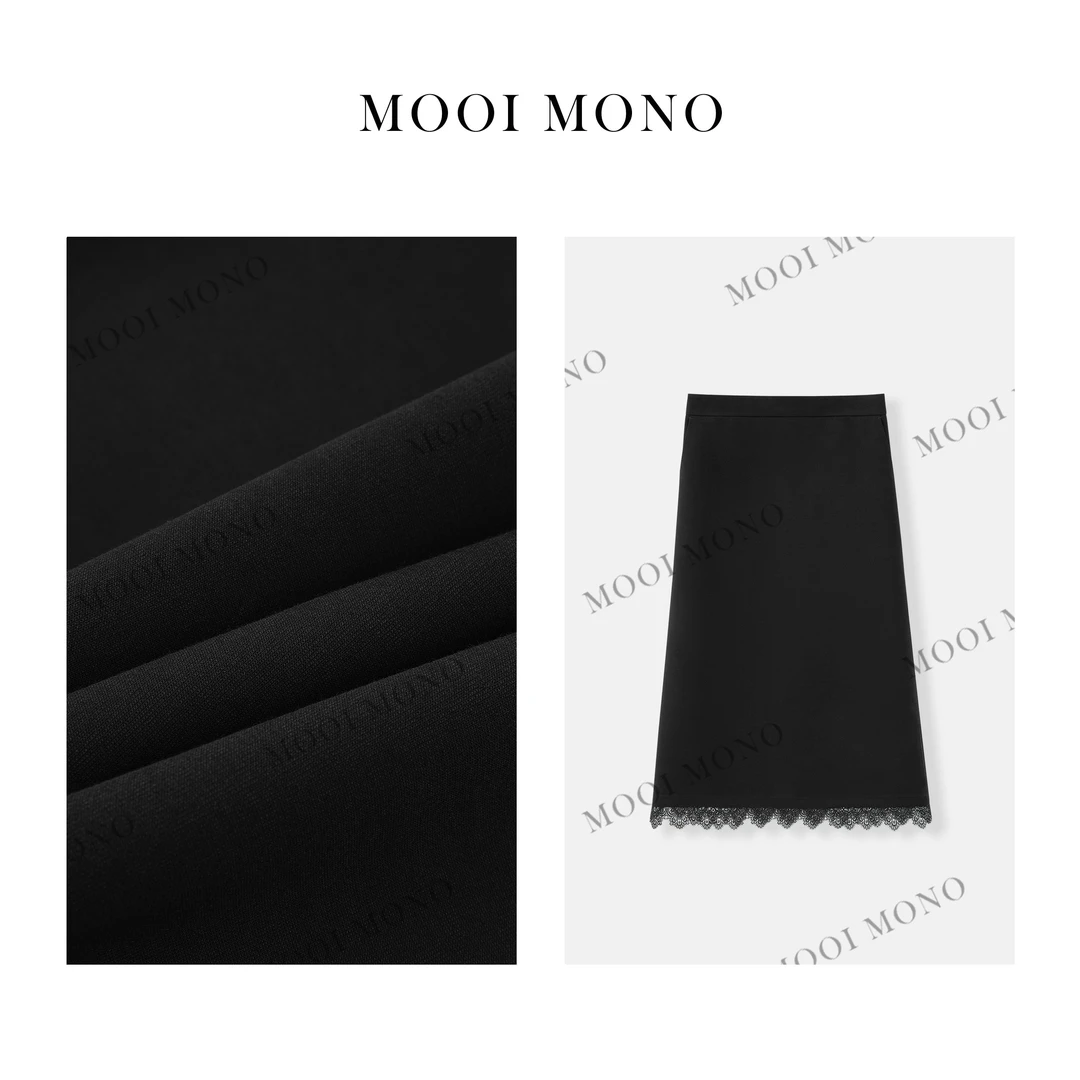 MOOI MONO"鹊羽"显瘦早春时尚遮肉蕾丝花边下摆半身裙 S045A51