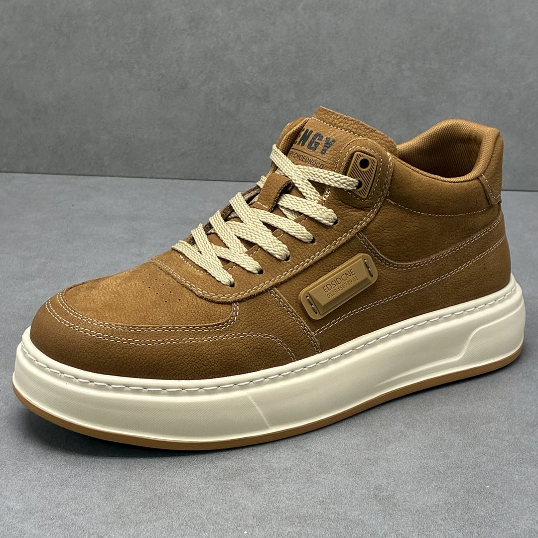 豚装头层牛皮休闲风运动风休闲鞋高帮休闲鞋纯色运动休闲鞋韩版