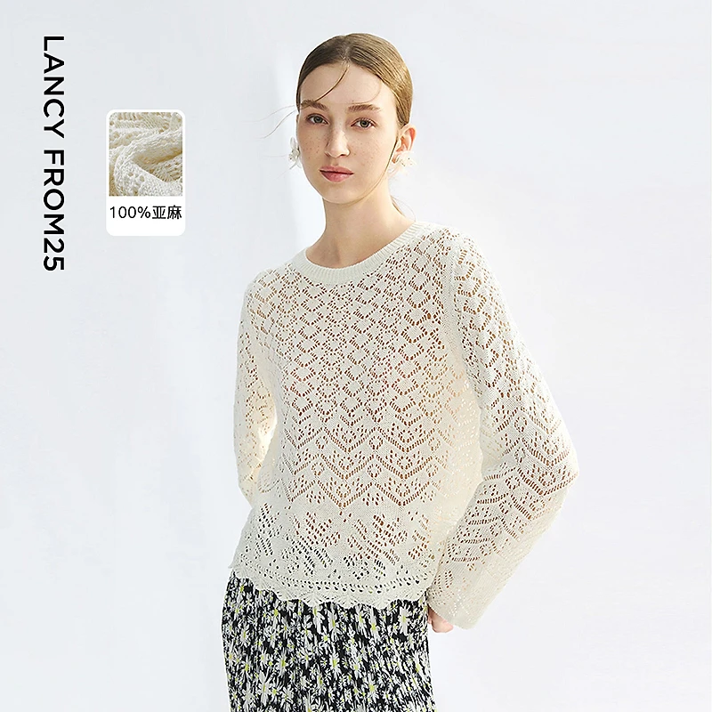 朗姿亚麻镂空针织衫白色长袖罩衫圆领通勤2025年夏季新款气质上衣
