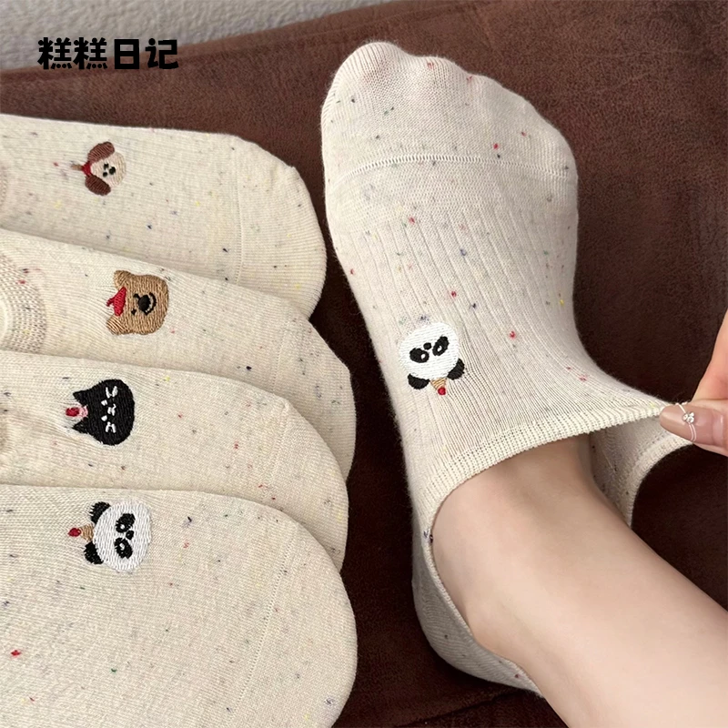 夏季薄款点子纱卡通刺绣不掉跟隐形船袜女日系可爱卡通刺绣船袜女