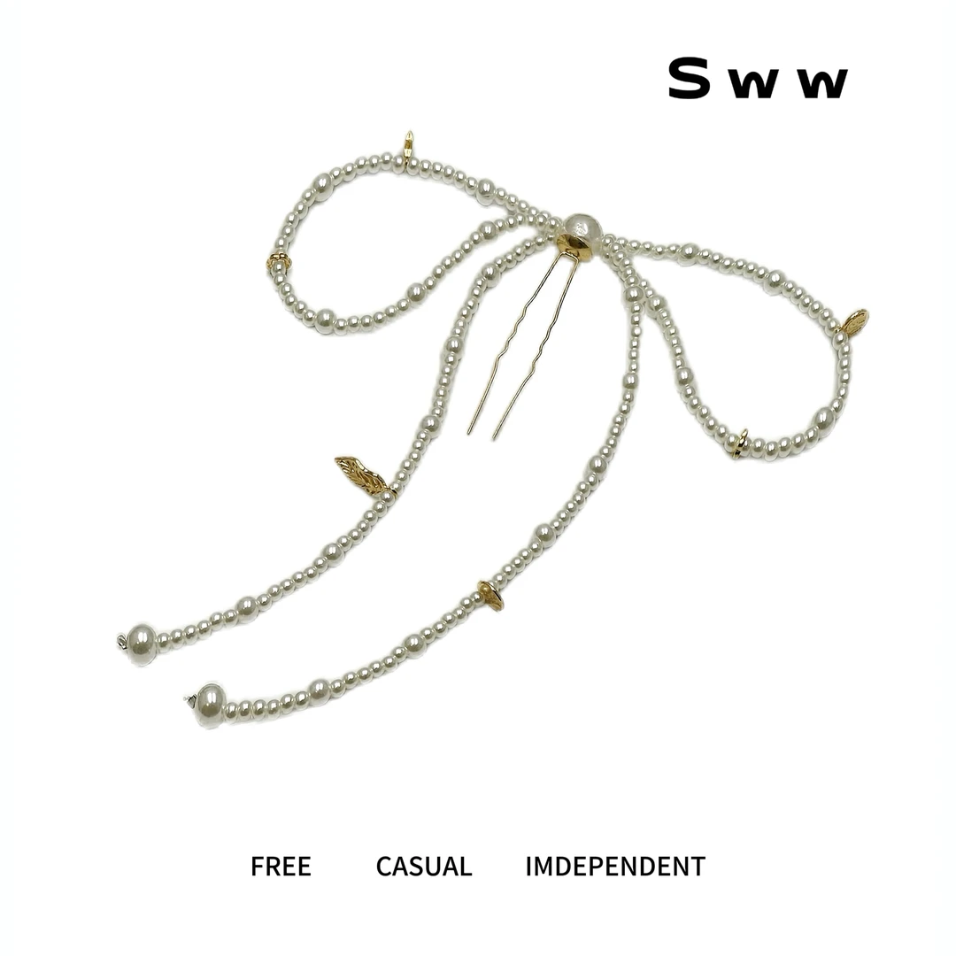 SWW法式高级手工珠珠蝴蝶结后脑勺u型发簪