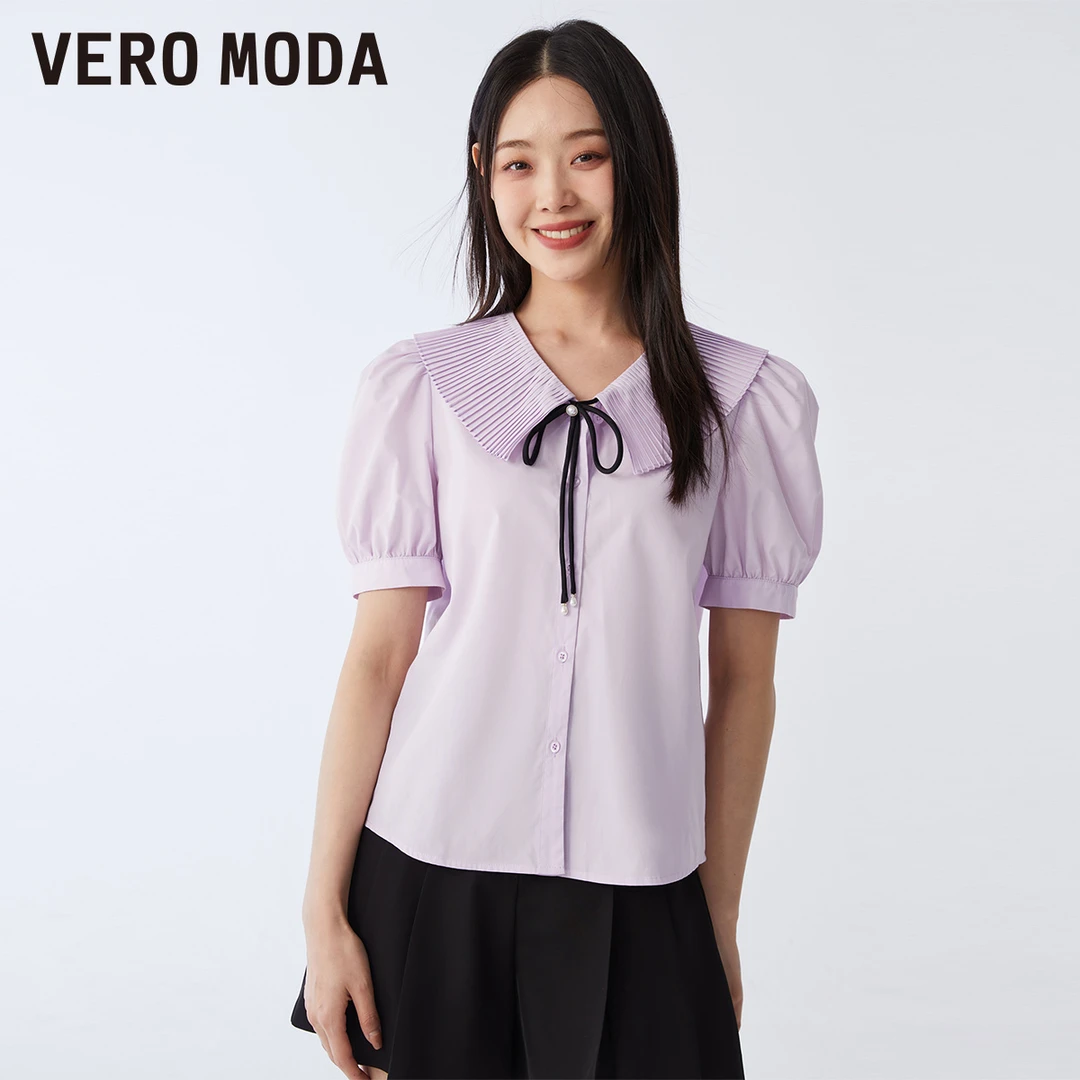 【达人专属】Vero Moda衬衫女士百褶翻领泡泡袖上衣323204003