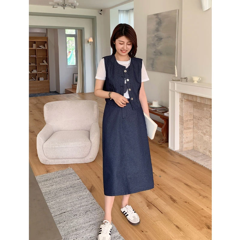 紫璐莱都市节奏~复古蓝色时髦港风牛仔马甲上衣半身裙三件套女11X