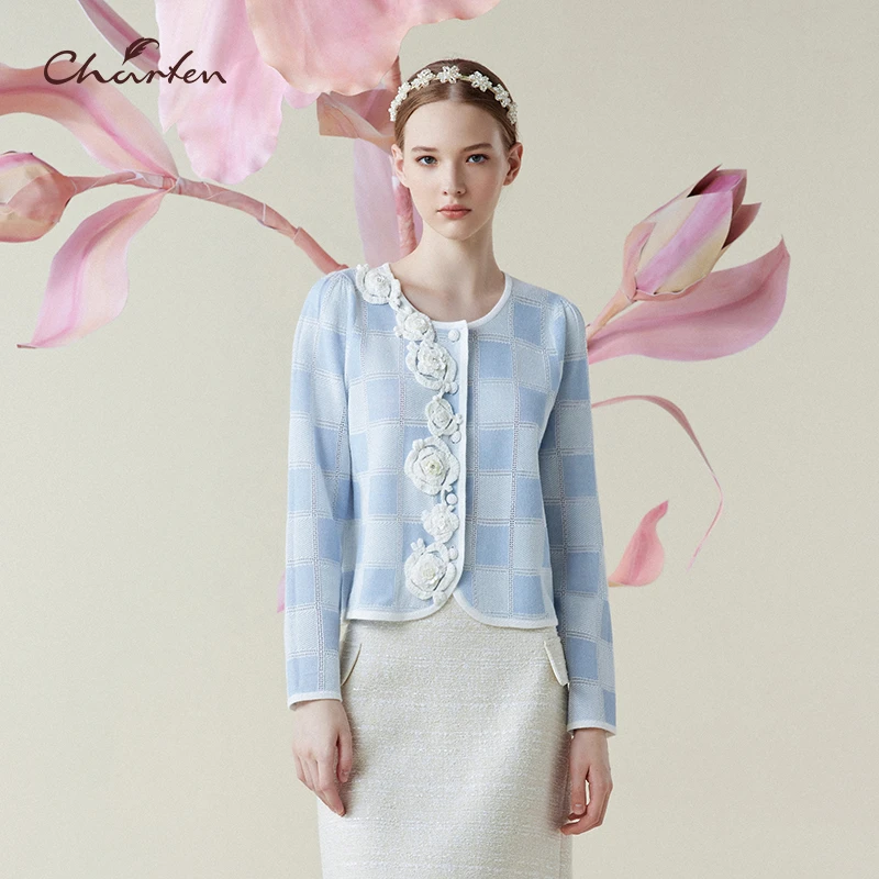 CHARFEN朝峰气质双色格纹提花小香风针织衫CFE1C330-3105C