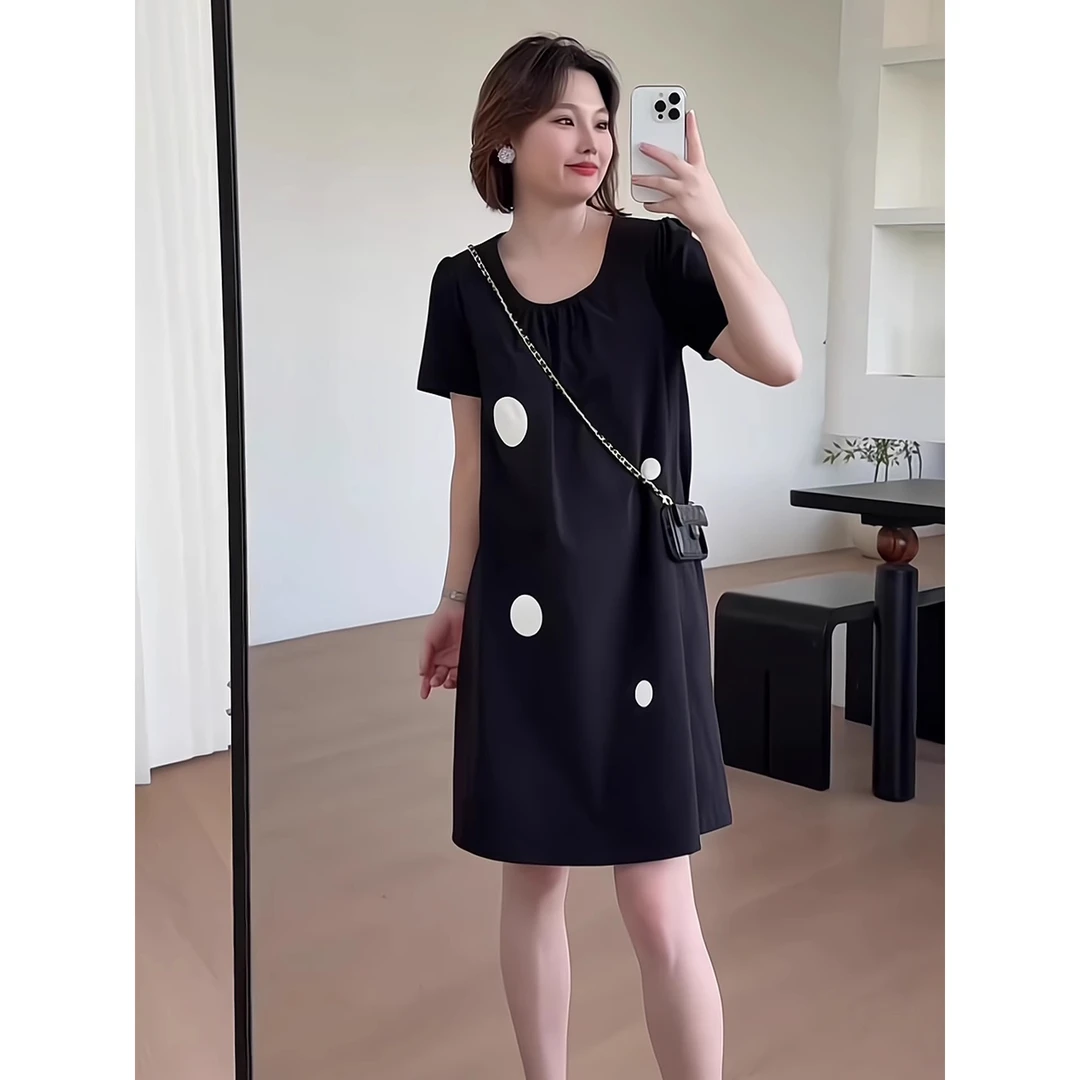 韩系简约高级感休闲黑色连衣裙女夏季设计感宽松气质减龄圆点短裙