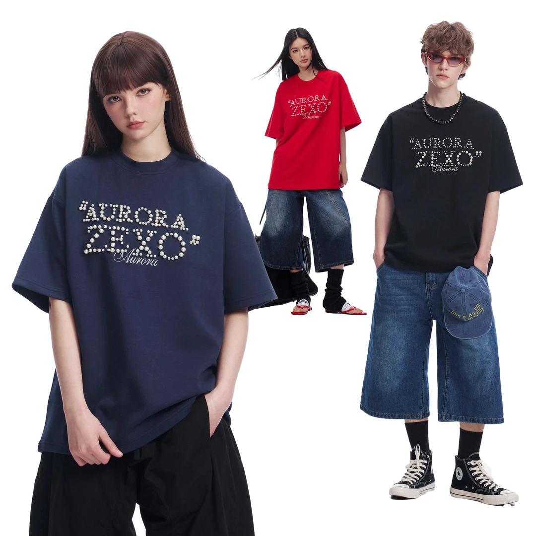 ZEXO美式高街纯棉正肩短袖t恤男女款夏季修身显瘦情侣装七分半袖