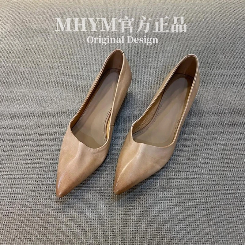 羊皮版~复古小众坡跟浅口小单鞋女一脚蹬真皮尖头气质外穿工作鞋