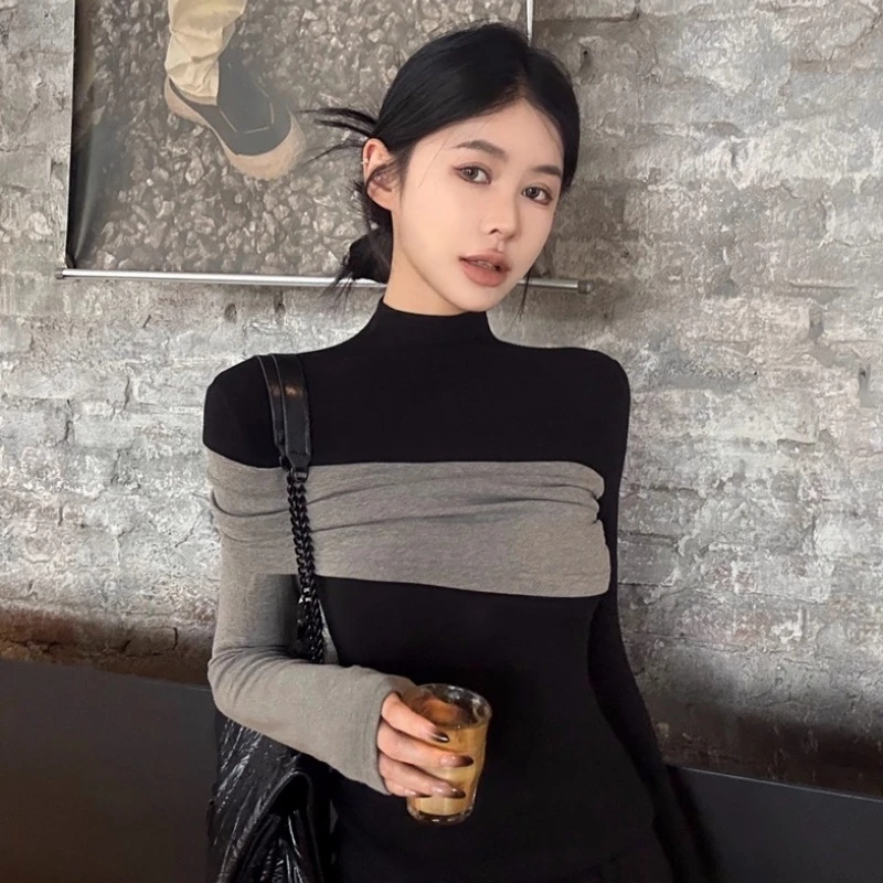 德绒气质新款撞色半高领长袖T恤女秋冬小众百搭修身显瘦打底上衣