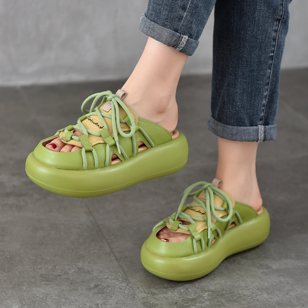 运动休闲系带外穿真皮凉拖鞋女2025夏季新款头层牛皮厚底鱼嘴半拖