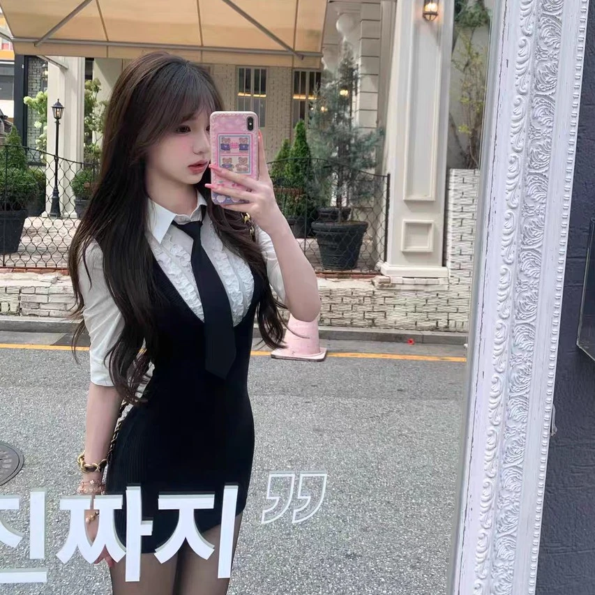 【反骨ZAl】御姐风黑白假两件衬衫领连衣裙