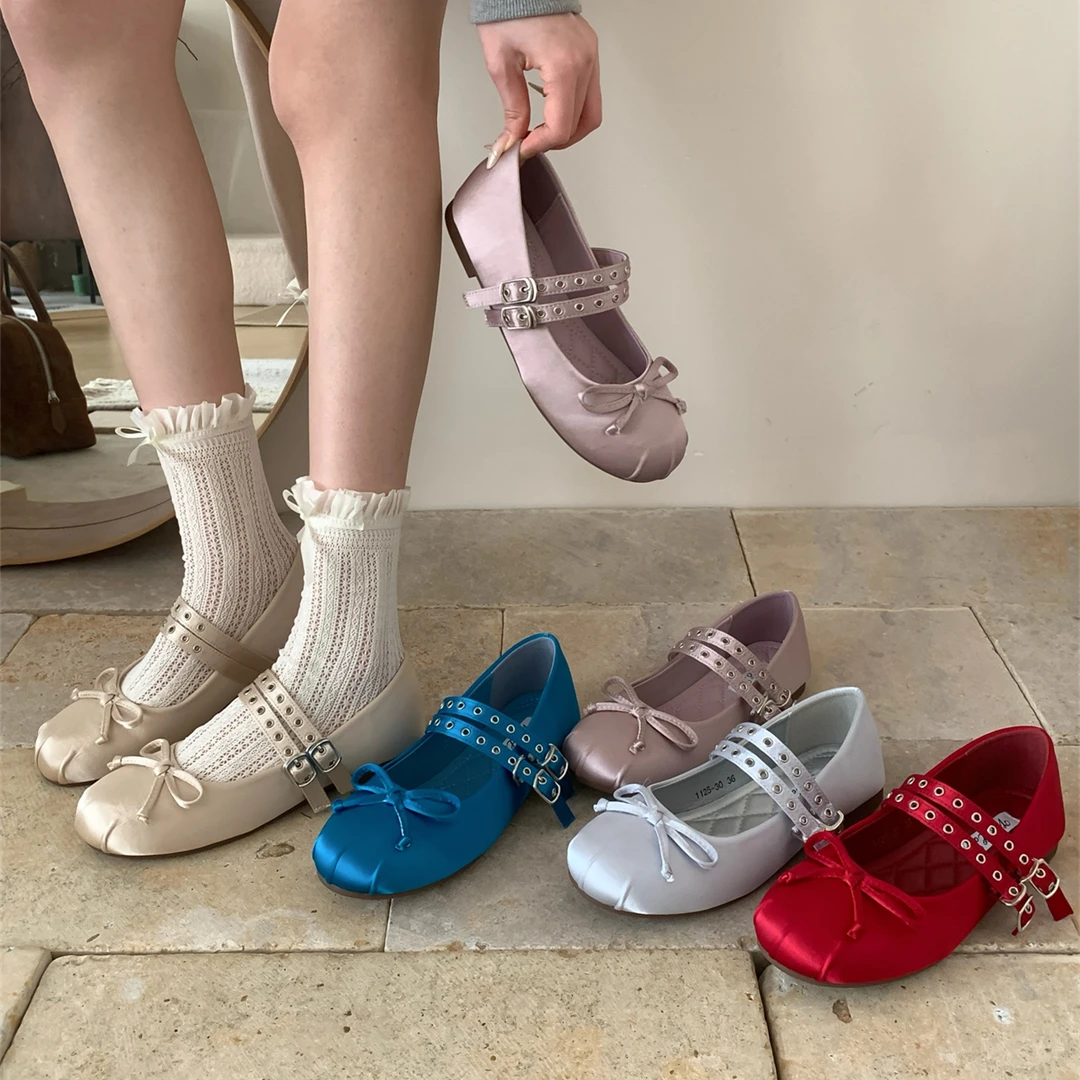 软底版~法式芭蕾风蝴蝶结丝绒单鞋女缎面小红鞋玛丽珍蓝色平底鞋