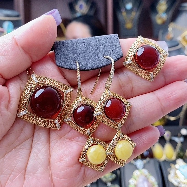 琥珀颈饰银S925镶嵌套装