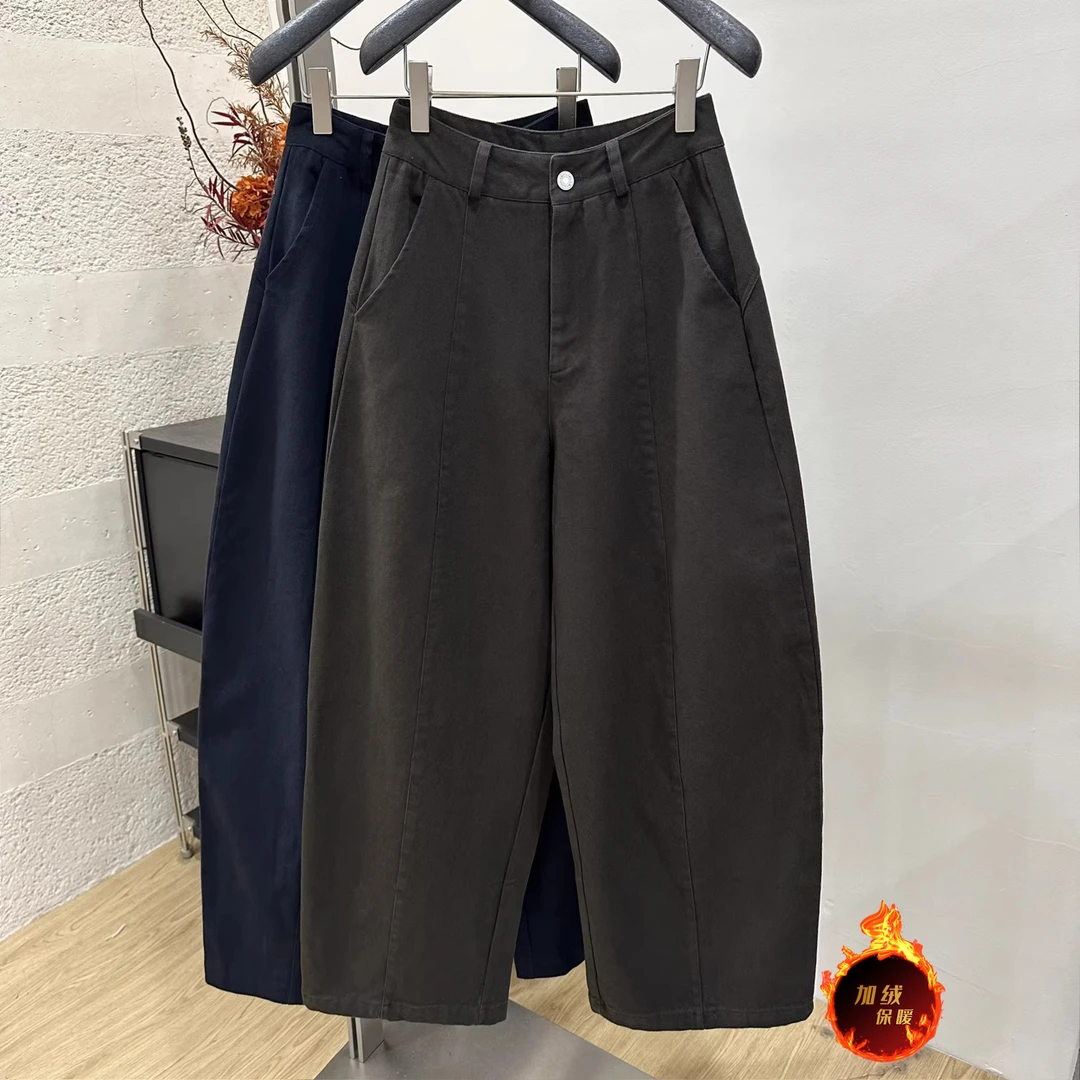 加绒加厚韩系复古高腰弯刀休闲裤女冬新款时尚显瘦百搭阔腿裤