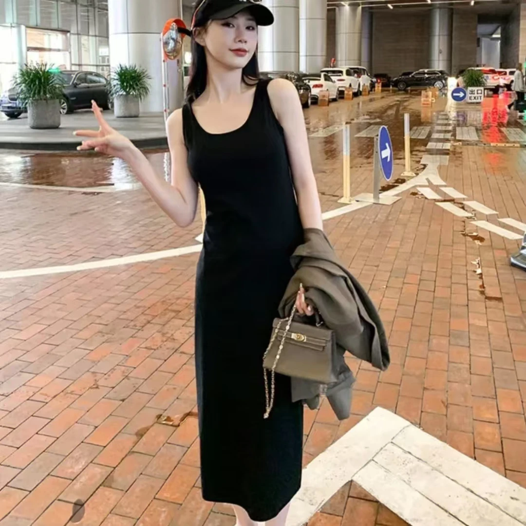 夏季新款百搭洋气显瘦圆领弹力吊带裙