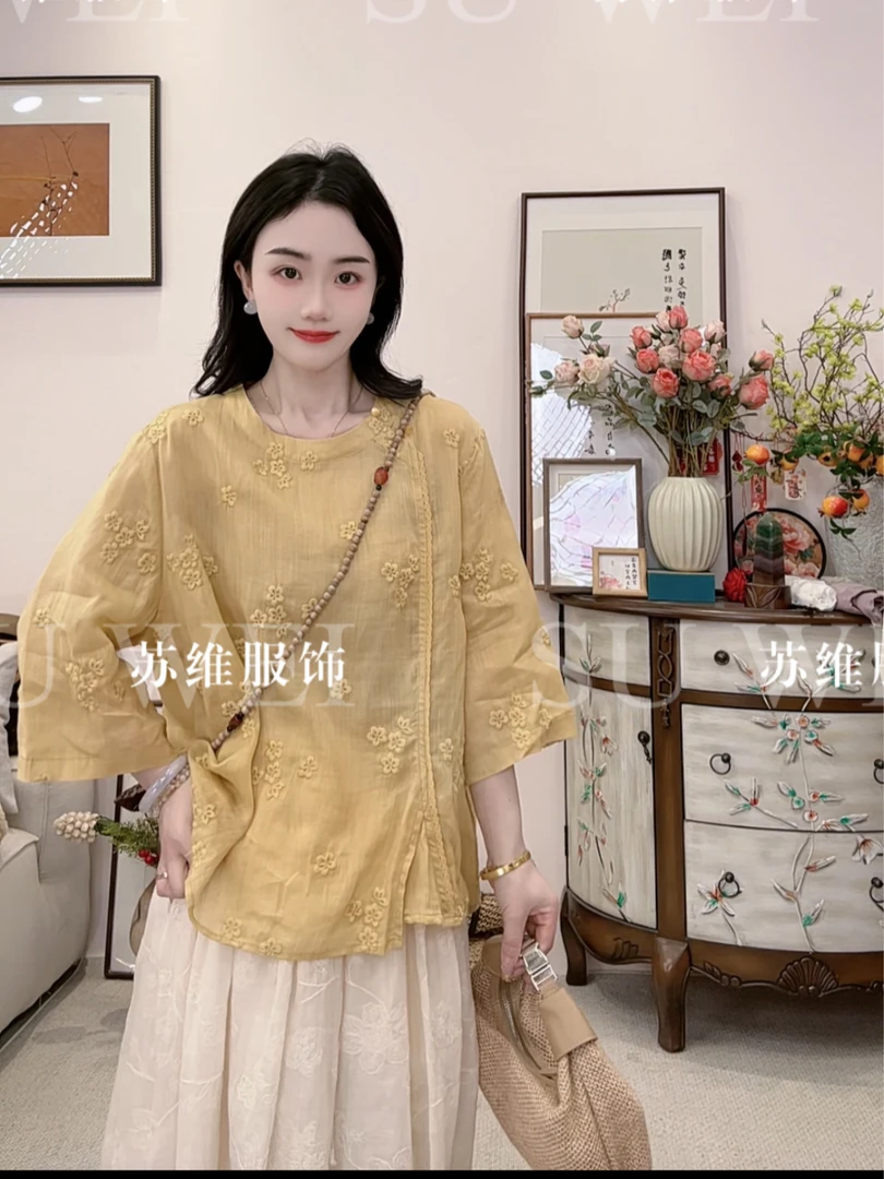 C077苎麻印花衬衫新中式圆领刺绣上衣复古文艺女装