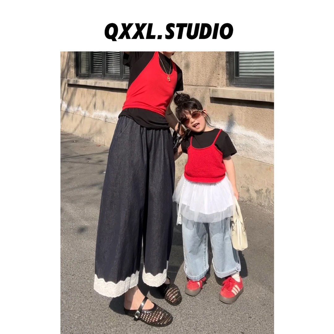 邱小小丽呀 八分裤阔腿裤宽松脚蕾丝拼接休闲裤松紧腰直筒裤子女