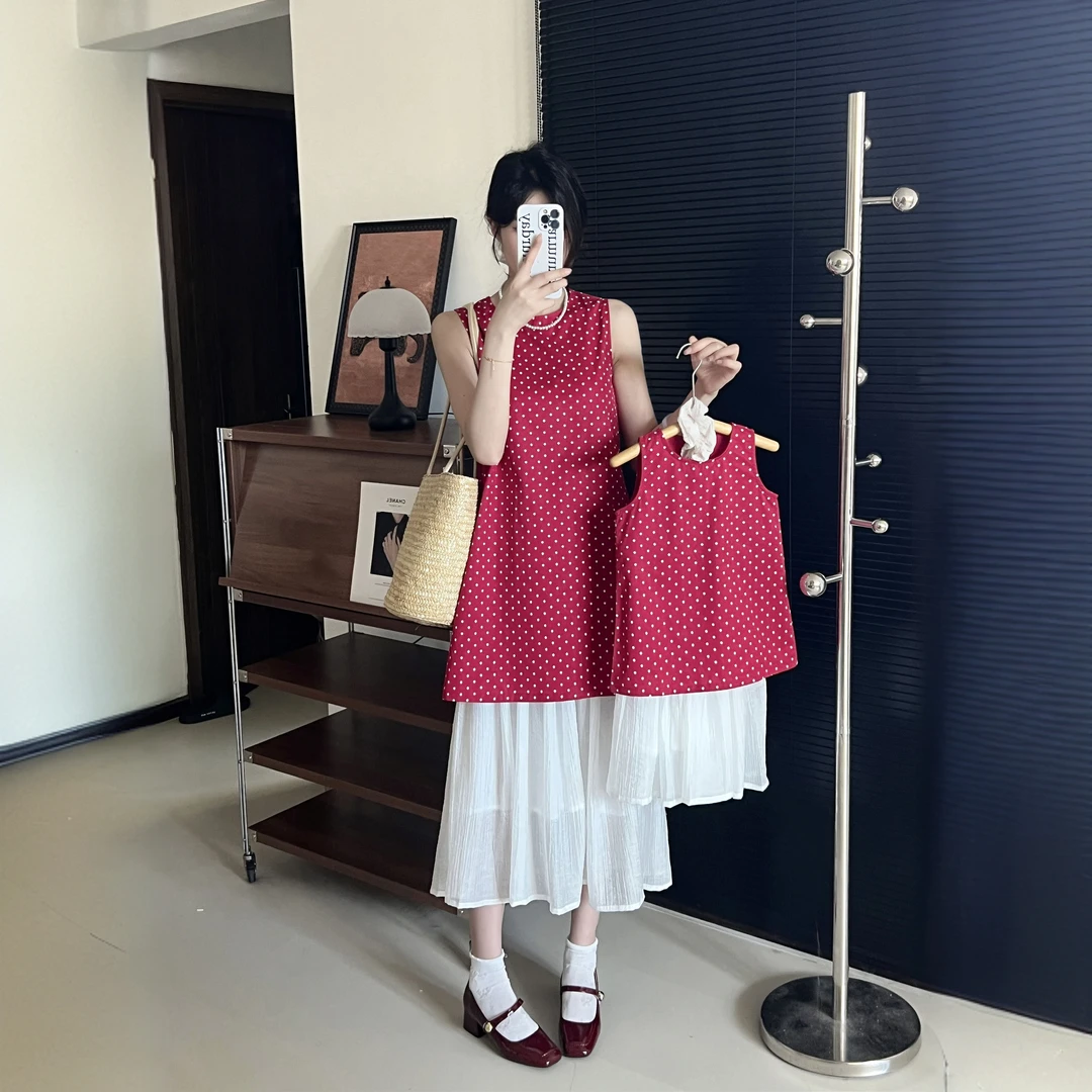 女童亲子装法式复古红色波点连衣裙无袖背心裙半身裙度假风套装
