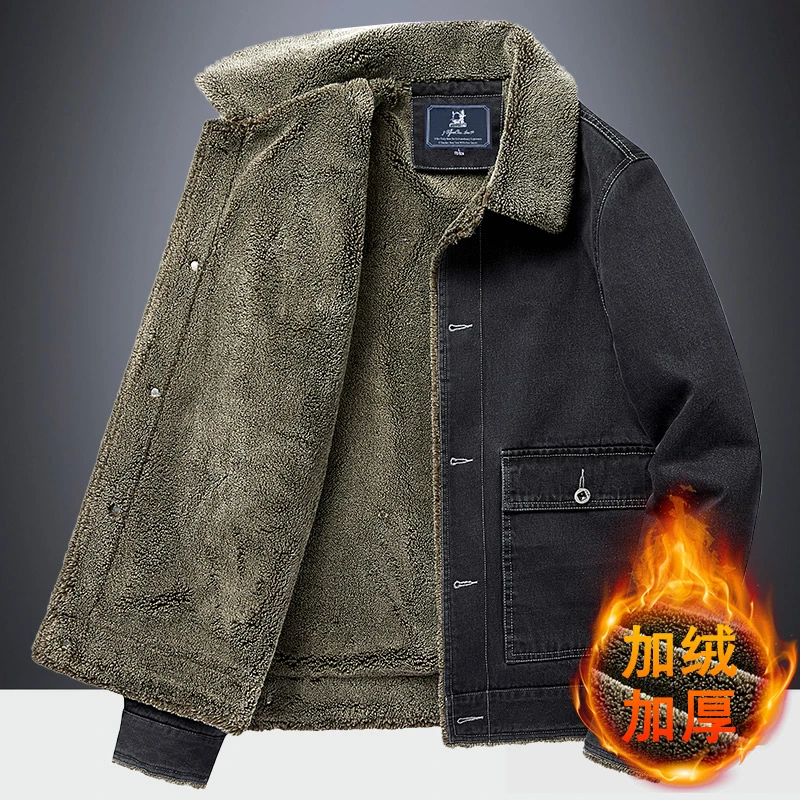 狼族纪元秋冬季加绒牛仔夹克外套男士时尚百搭潮流保暖中年外衣