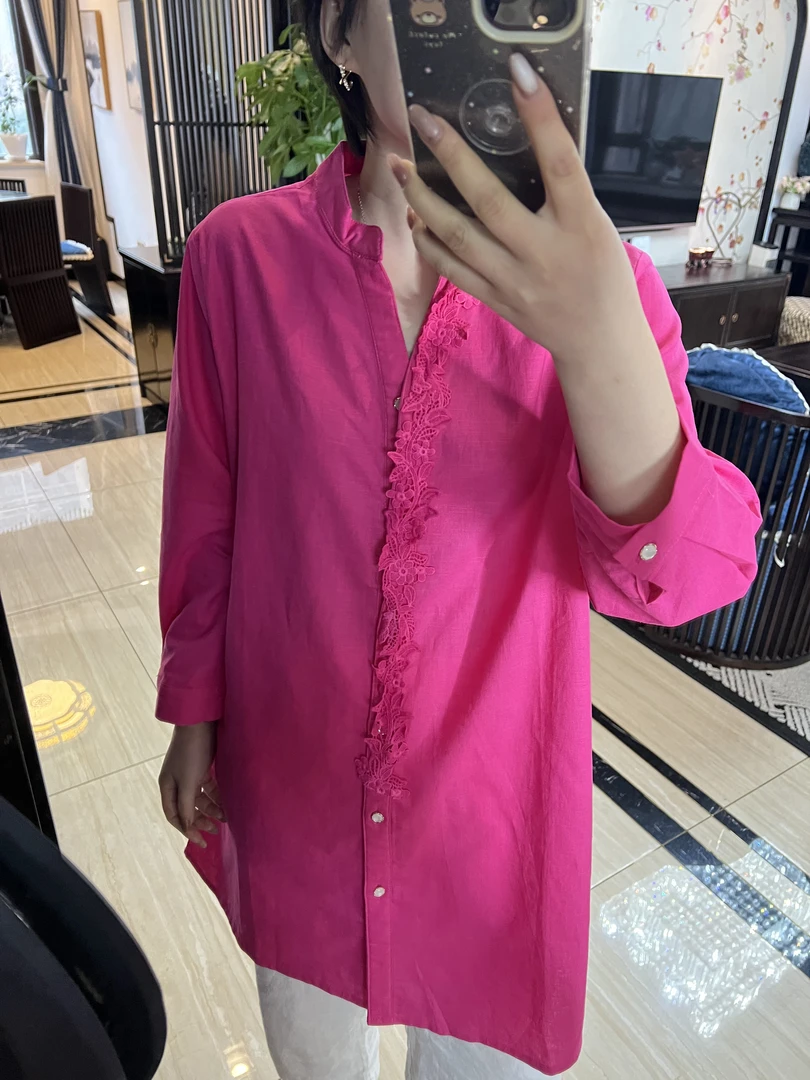 【安姬迩·自制】亚麻 轻奢高级感春夏衬衫中长款棉麻新中式蕾丝拼贴