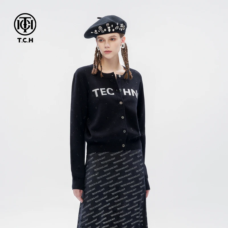 TCH 2025新款休闲简约针织衫女烫毛衣开衫外套T72D438013