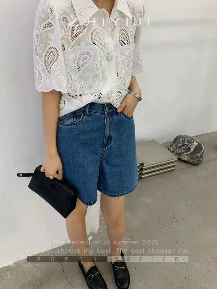 专柜品质韩系复古高腰阔腿短裤夏季蕾丝百搭休闲牛仔五分裤夏天