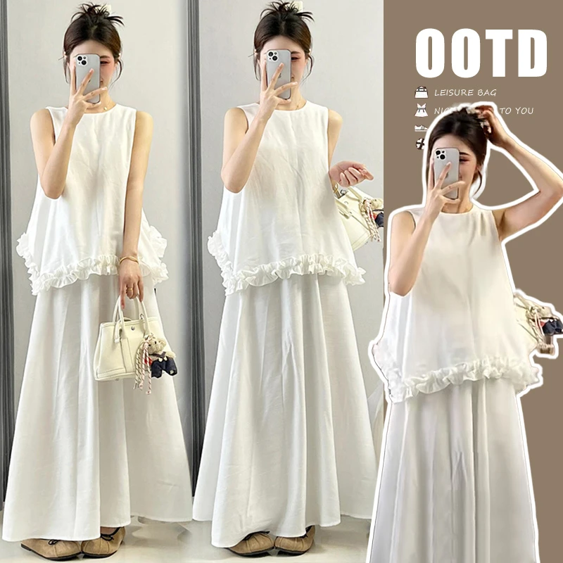 时髦孕妇法式白色木耳边无袖上衣加气质显瘦半身裙两件套洋气套装