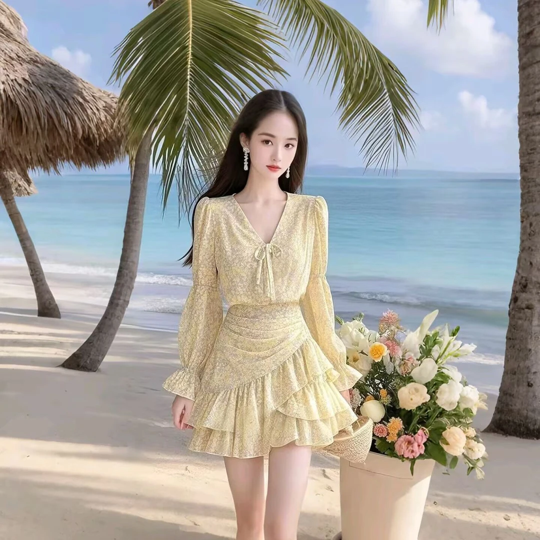 哥弟阿玛施正品v领荷叶边碎花长袖雪纺连衣裙收腰短裙2025女春夏