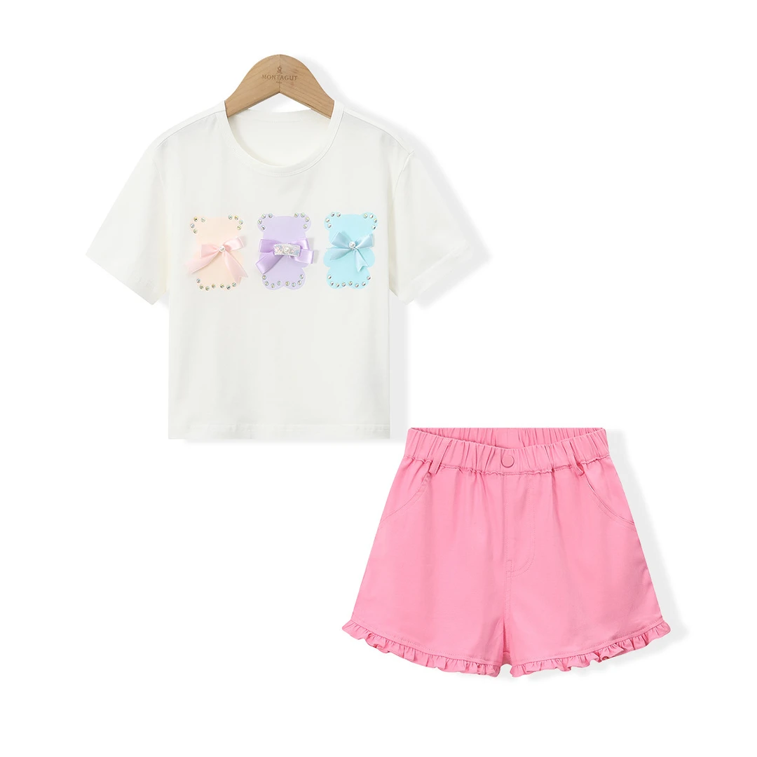 梦特娇女童夏季休闲套装三只小熊T恤纯色短裤两件套洋气可爱A134