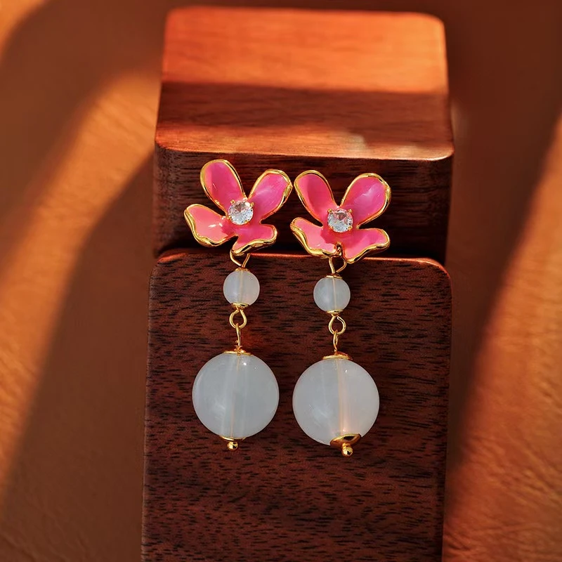 铜合金珐琅耳饰 e295---花朵珐琅新中式国潮百搭优雅珠珠吊坠耳环