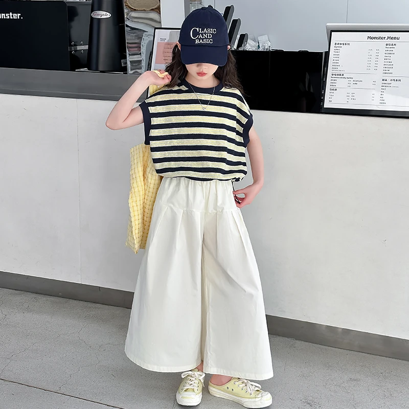 女童无袖套装夏季2025新款女大童超好看韩系夏装阔腿裤夏日两件套