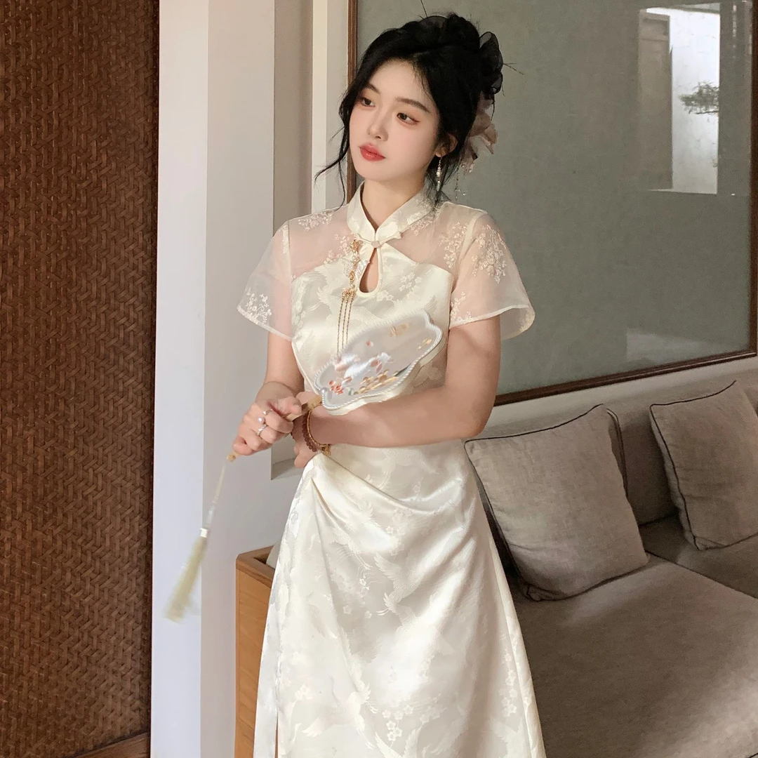 Blovelan月鹭清瑶 国风中式温婉绣花拼提花褶皱收腰气质旗袍裙夏