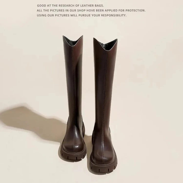 过膝长筒真皮靴子时装靴B面材质后拉链粗跟百搭橡胶底内里靴筒