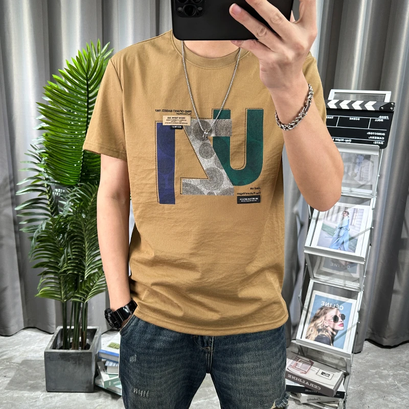 棉麻短袖t恤衫2025夏季新款高端字母刺绣半袖体恤衫男装百搭上衣