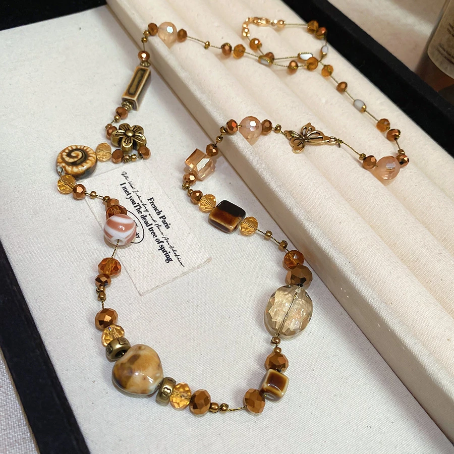 合金仿水晶项链 蝴蝶陶瓷爱心项链高级项链轻奢长款毛衣链饰品