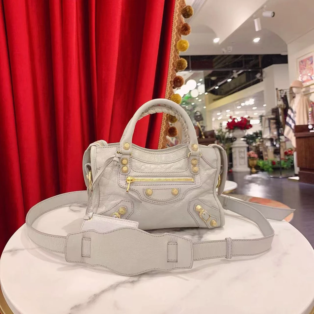 95新 Balenciaga/巴黎世家 机车包mini灰色牛皮单肩包/32924212