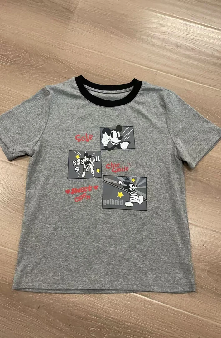 阿玉家&欧货新款拼接圆领米奇卡通印花短袖亲肤T恤短款T恤#7078