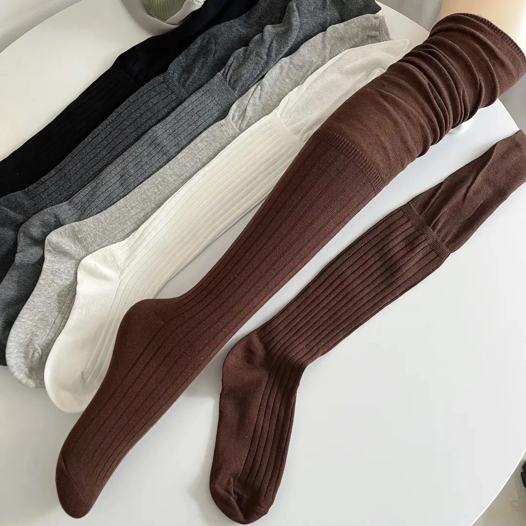 美拉德咖啡棕色过膝袜女春秋薄款棉竖条纹拼接高筒袜烟棕7天防臭