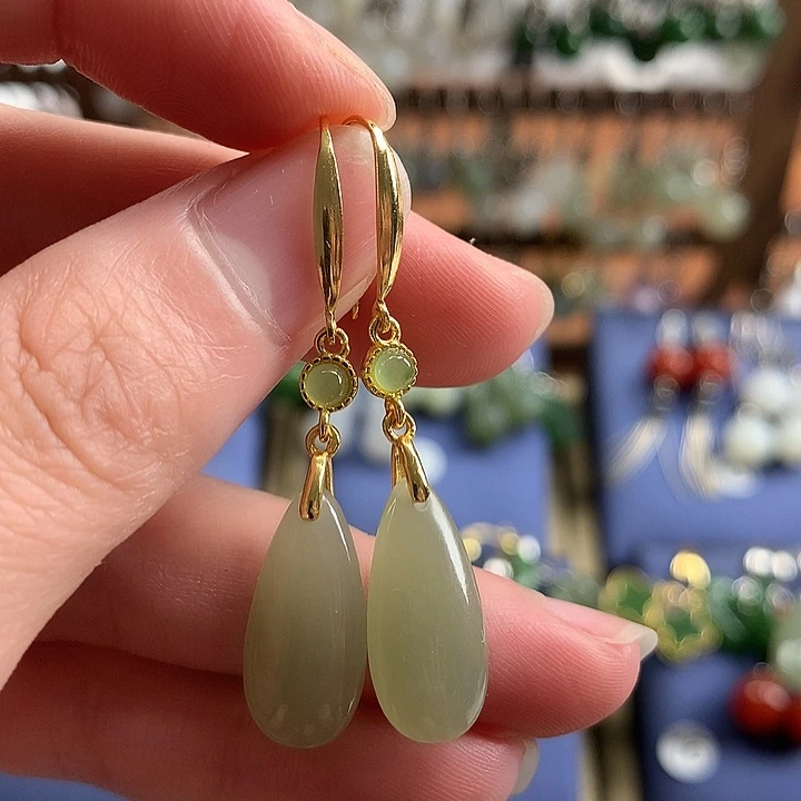 和田玉银S925镶嵌耳饰晴水晴水水滴中号