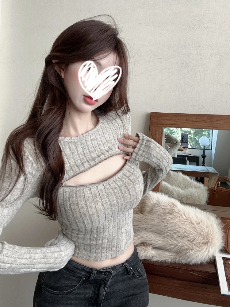 艺等YIDENG韩系少女性感柔软可拉拉链针织长袖打底衫显瘦女上衣潮