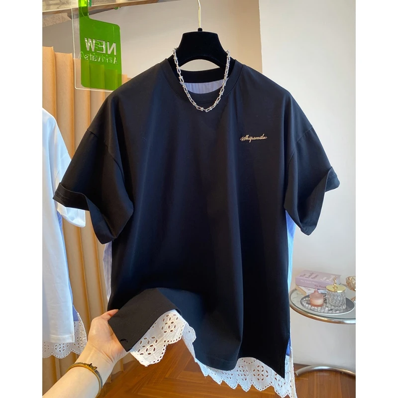 P048欧货别致独特条纹衬衫拼接t恤女短袖新款宽松圆领设计感上衣