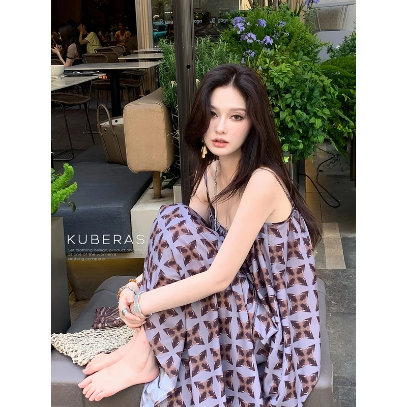 KUBERAS 宽松长款撞色格子泡泡袖V领长袖连衣裙短袖A字长裙吊带裙