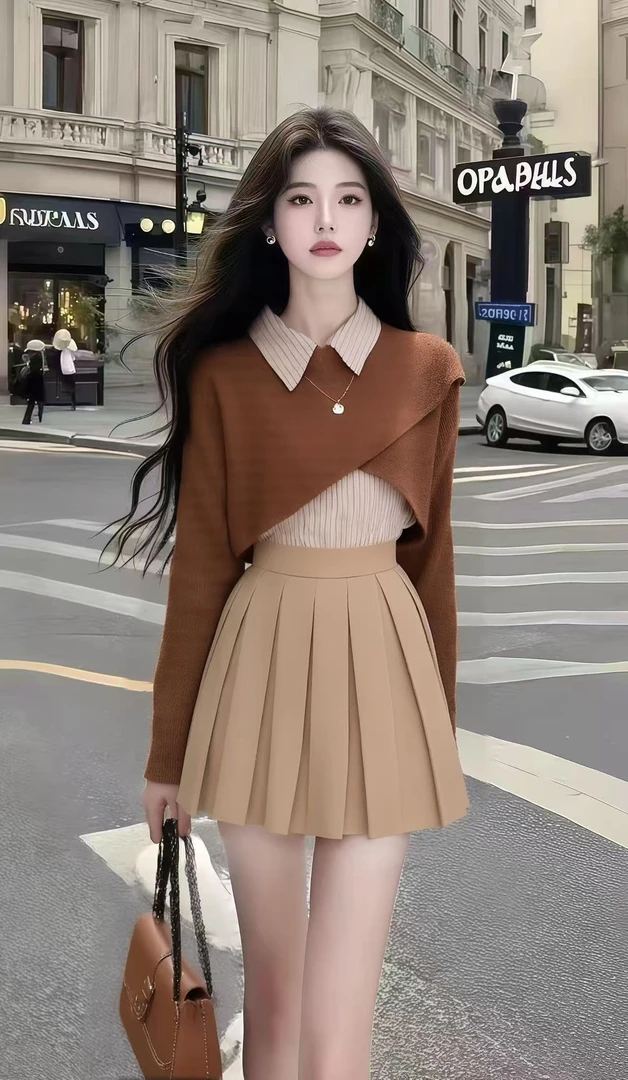 休闲通勤小香风棕色翻领长袖设计感上衣+卡其色高腰半身裙两件套