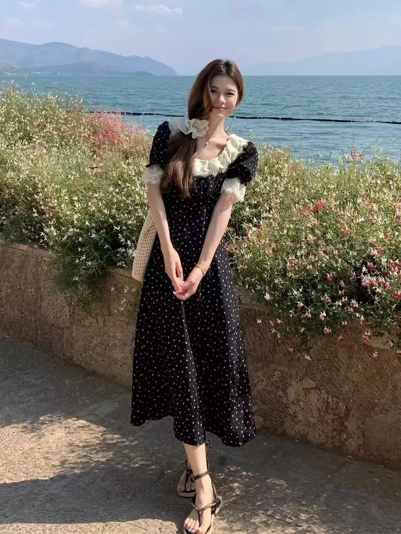 复古春夏印花显瘦海边夏季碎花连衣裙收腰长款碎花