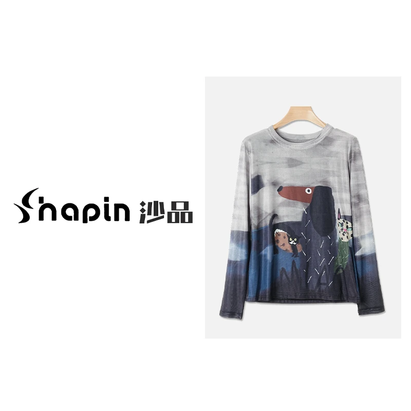 时尚减龄印花弹力网纱长袖春夏透气上衣女MM9212