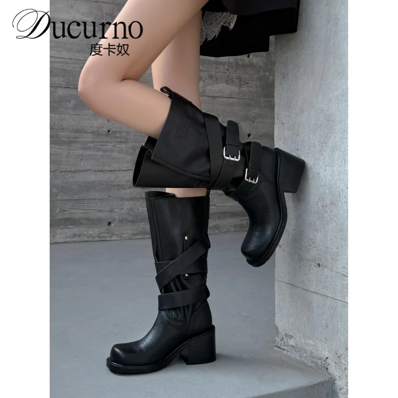 6.5cm覆古皮带扣骑士靴女2025新款束口大筒围厚底真皮朋克机车靴