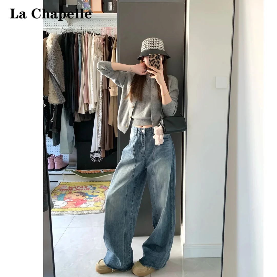La Chapelle/拉夏贝尔美式复古牛仔裤女2025早秋高腰宽松阔腿长裤