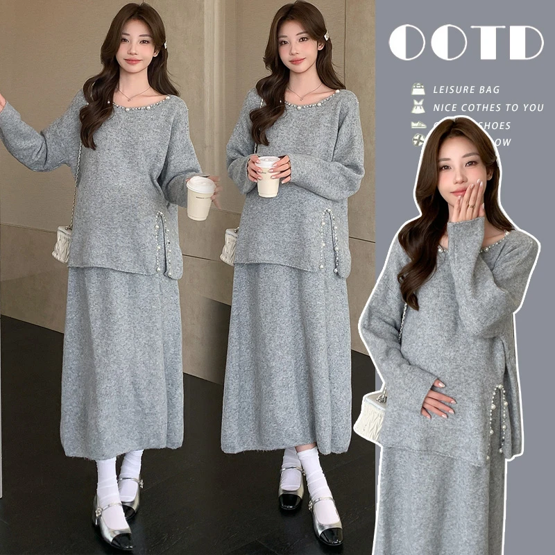 孕妇装秋冬2025新款设计感上衣半身裙针织毛衣慵懒风时尚宽松套装